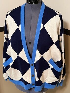 We The Free Free People Manny Cardi Argyle Navy Blue  Oversized Cardigan XS Soft